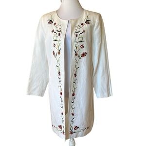 David N open duster Linen blend ivory embroidery floral pockets Sz 8